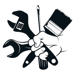 Wrench in hand, screwdriver and brush. Sign for repair service and maintenance