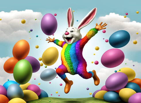 Cute smiling Easter bunny playing with colorful Easter eggs. AI Generated
