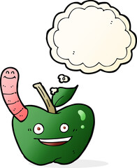 cartoon apple with worm with thought bubble