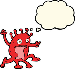 cartoon weird little alien with thought bubble