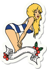 tattoo style sticker of a pinup girl in swimming costume with banner