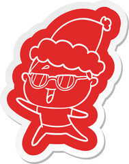 cartoon  sticker of a happy woman wearing spectacles wearing santa hat