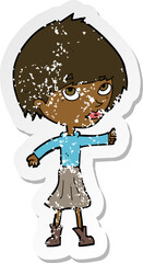 retro distressed sticker of a cartoon woman giving thumbs up symbol