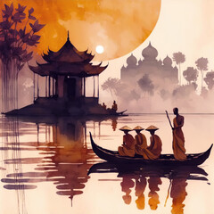 illustration monks sailing on a boat in the fog on the background of the temple	