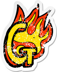 retro distressed sticker of a cartoon flaming letter