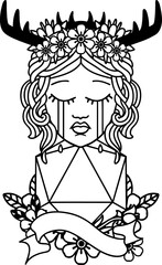 crying human druid with D20 natural one roll illustration