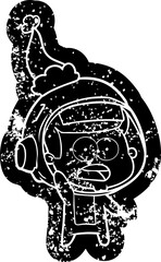 cartoon distressed icon of a surprised astronaut wearing santa hat