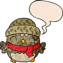 cute cartoon owl in hat and speech bubble in retro texture style