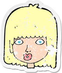 retro distressed sticker of a cartoon surprised woman
