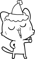 line drawing of a cat singing wearing santa hat