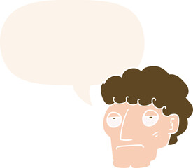 cartoon bored man and speech bubble in retro style
