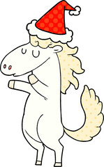 comic book style illustration of a horse wearing santa hat