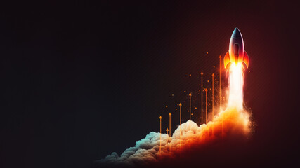 Economic growth concept banner , with rocket ship taking off. Generative AI illustration
