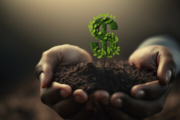Financial growth concept, with hands holding small plant in dollar shape. Generative AI illustration - obrazy, fototapety, plakaty