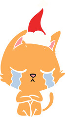 crying flat color illustration of a cat sitting wearing santa hat