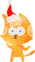 happy retro cartoon of a cat wearing santa hat