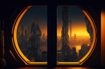 Futuristic Interior with dystopian cyberpunk megapolis view behind the window. Neon lights and future. Generative AI Illustration