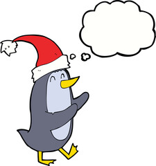 cartoon christmas penguin with thought bubble