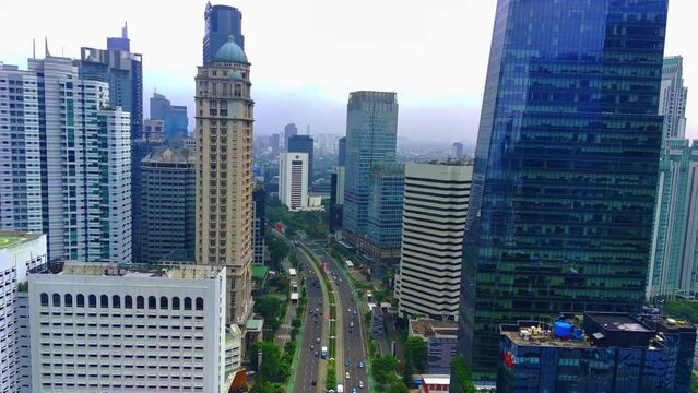 4 February 2023. Pedestrian Bridge named Phinisi on Sudirman Street, Jakarta. Indonesia. Aerial footage taken by drone.