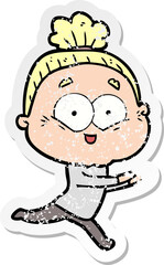 distressed sticker of a cartoon happy old woman