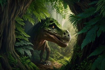 dinosaur in forest created using AI Generative Technology