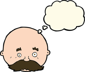 cartoon bald man with mustache with thought bubble