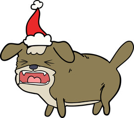 line drawing of a dog barking wearing santa hat