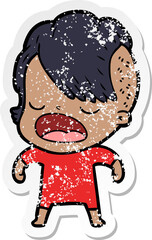 distressed sticker of a cartoon cool hipster girl talking