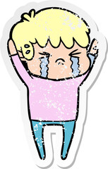 distressed sticker of a cartoon boy crying