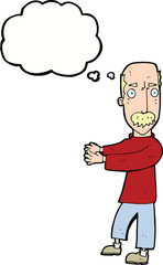 cartoon balding man explaining with thought bubble
