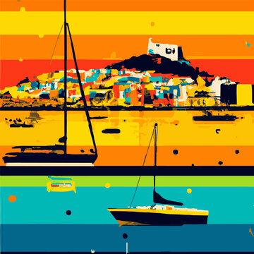 Vintage Travel Poster Poster Of Ibiza With City, Beach And Boats In Orange And Blue Colors.