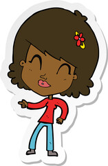 sticker of a cartoon happy woman pointing