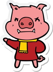 sticker of a angry cartoon pig in winter clothes