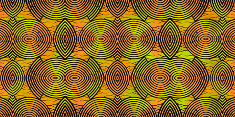 African fabric, seamless and textured pattern (green, orange and black colors)