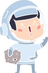 happy flat color style cartoon astronaut with moon rock