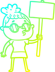 cold gradient line drawing cartoon woman wearing glasses