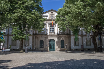 Fototapeta na wymiar View at the Viseu Administration Council building, Camara Municipal de Viseu, and Rossio central square plaza, architectural icons of the city