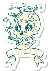 grunge sticker with banner of a skull smoking