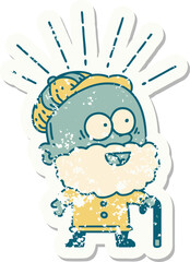 grunge sticker of tattoo style happy old man with walking stick