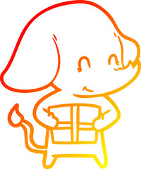 warm gradient line drawing cute cartoon elephant with present