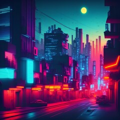 Street and small buildings with neon lights. Beautiful night city view - generative ai
