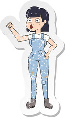 retro distressed sticker of a cartoon woman clenching fist