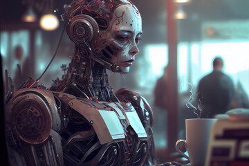 Generative AI illustration of robot cyborg woman with cup of hot drink in office against blurred background