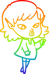 rainbow gradient line drawing pointing cartoon elf girl