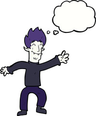 cartoon happy vampire man with thought bubble