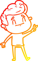 warm gradient line drawing happy cartoon man giving a peace sign