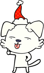 comic book style illustration of a dog sticking out tongue wearing santa hat