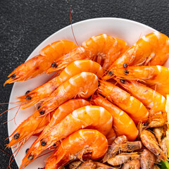 shrimps fresh prawns seafood plate healthy meal food snack on the table copy space food background rustic top view pescatarian diet