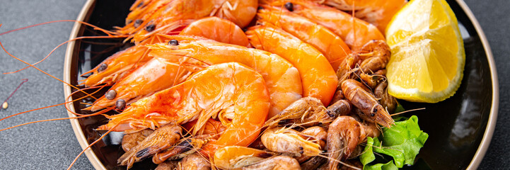 shrimps fresh prawns seafood plate healthy meal food snack on the table copy space food background rustic top view pescatarian diet