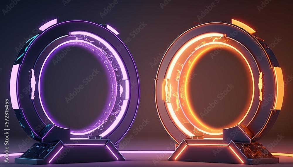 Aufkleber futuristic portal. science fiction podium, pedestal, platform. modern empty cyberpunk space. technol